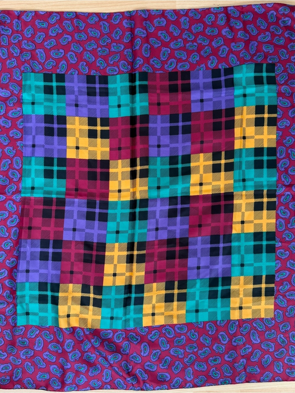 VTG TOTES Vibrant Plaid With Paisley Scarf in Teal, Purple, Yellow, and Magenta